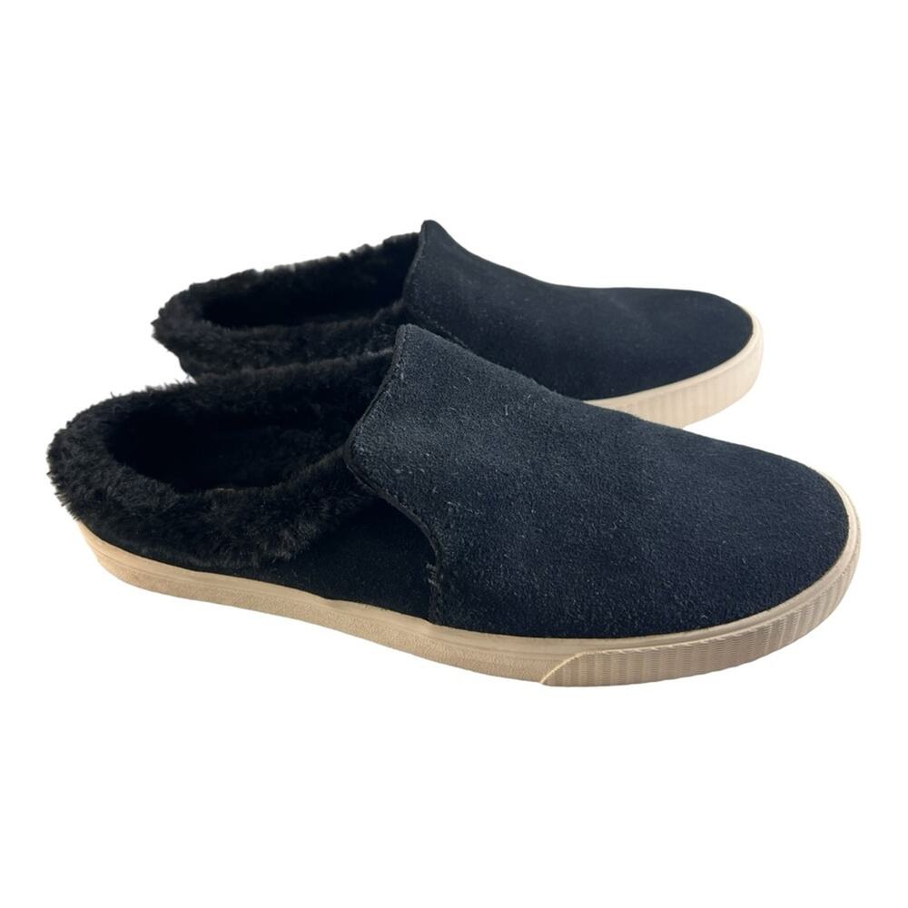 Toms Sunrise Slip On Mule Flat Shoe Black Suede Faux Fur Lined sz 10